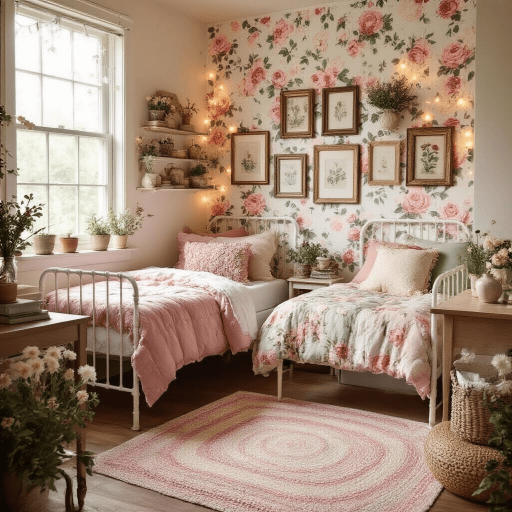 A cozy cottagecore-themed dorm room filled with soft morning light, featuring floral wallpaper, twin beds with layered bedding, mason jar string lights, an eclectic gallery wall, dried flowers, potted herbs, and a pastel braided rug.