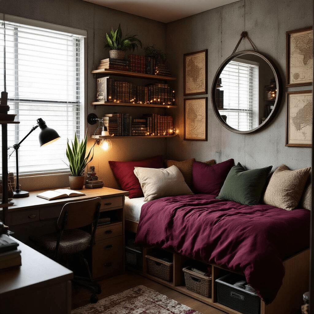 A small college dorm room with a dark academia aesthetic, featuring burgundy and forest green tones, vertical storage with floating shelves of vintage books, a snake plant above a desk, a large circular mirror reflecting warm light from a clip-on lamp and string lights, an elevated twin bed with rich bedding and oversized pillows, and afternoon light casting shadows on concrete walls adorned with vintage map prints in mismatched frames.