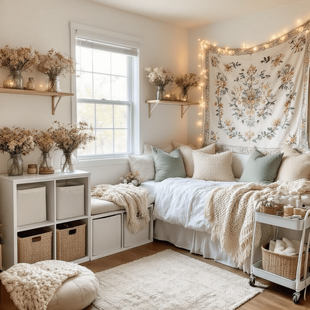 A bright and whimsical cottagecore-inspired dorm room featuring a pastel color scheme, adorned with dried flowers in mason jars, a floral tapestry, a 6-cube organizer, a cozy reading nook with floor cushions, a soft linen-dressed bed with cream and sage throw pillows, a coffee station on a rolling cart with fairy lights, and over-the-door organizers, all captured in morning golden hour light from the doorway.