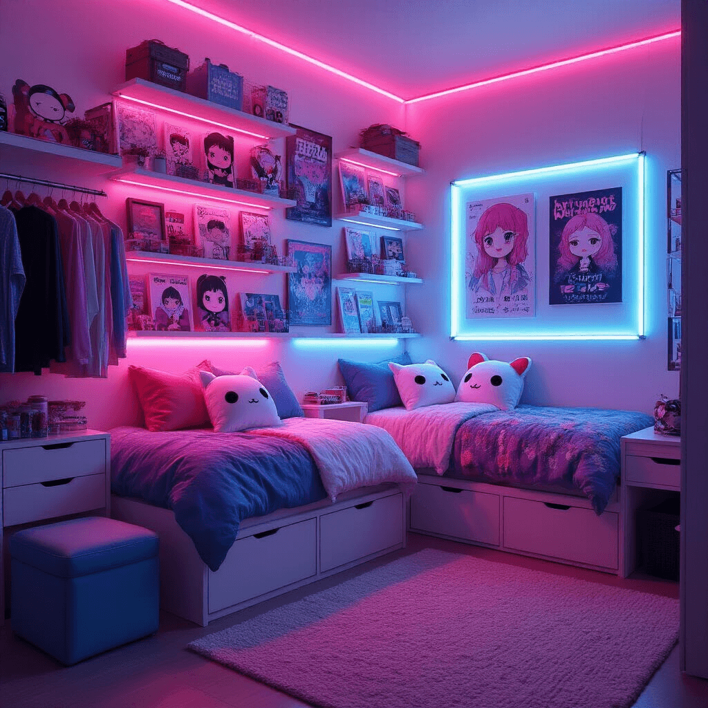 A vibrant contemporary K-pop themed dorm room featuring dynamic pink and blue LED lighting, organized merchandise displays, colorful posters, character-themed bedding, and a cozy area rug, all captured from a low angle in the evening.