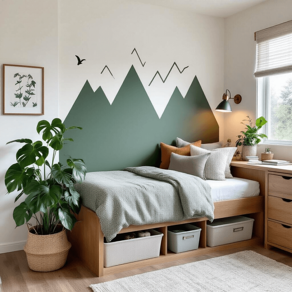 A minimalist mountain-modern dorm room with wood tones and forest green accents, featuring a pothos plant, geometric wall decals, natural fiber bedding, a DIY gallery wall, organized desk supplies, and neat under-bed storage, illuminated by natural light and warm LED strips.
