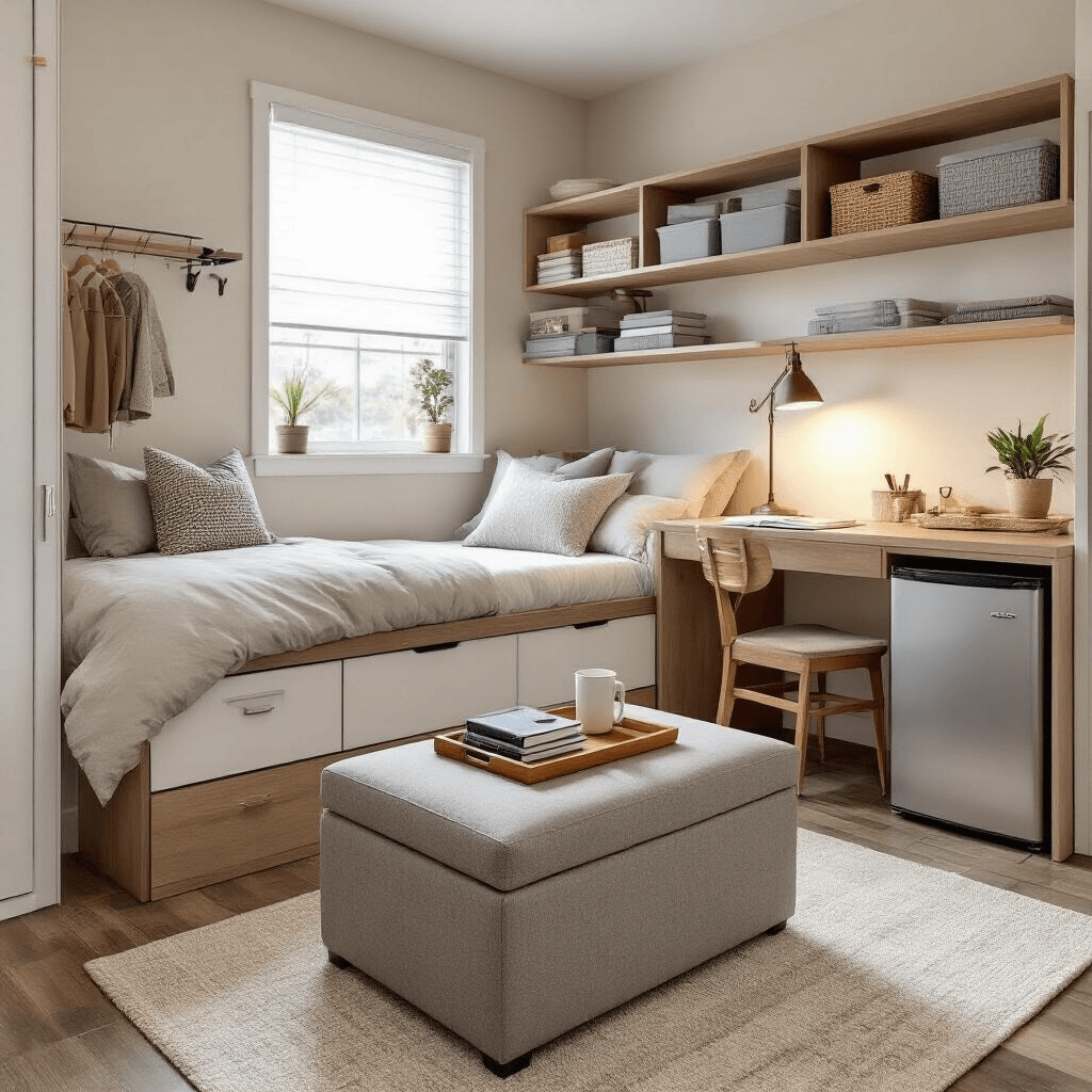 How to Actually Make Your Dorm Room Look Good Without Breaking the Bank Functional dorm room showcasing multi-purpose furniture in a compact 10x12 foot layout; features include a storage ottoman as a coffee table, elevated twin bed with organized storage underneath, a two-tier desk area with a mini fridge, and natural light enhancing the organized and livable aesthetic.