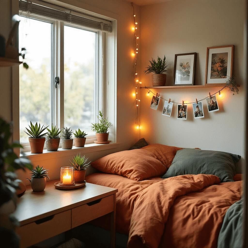 How to Actually Make Your Dorm Room Look Good Without Breaking the Bank Cozy 120 square foot dorm room featuring mid-century decor, plants, string lights, and personal mementos in warm colors, with afternoon light creating an inviting atmosphere.