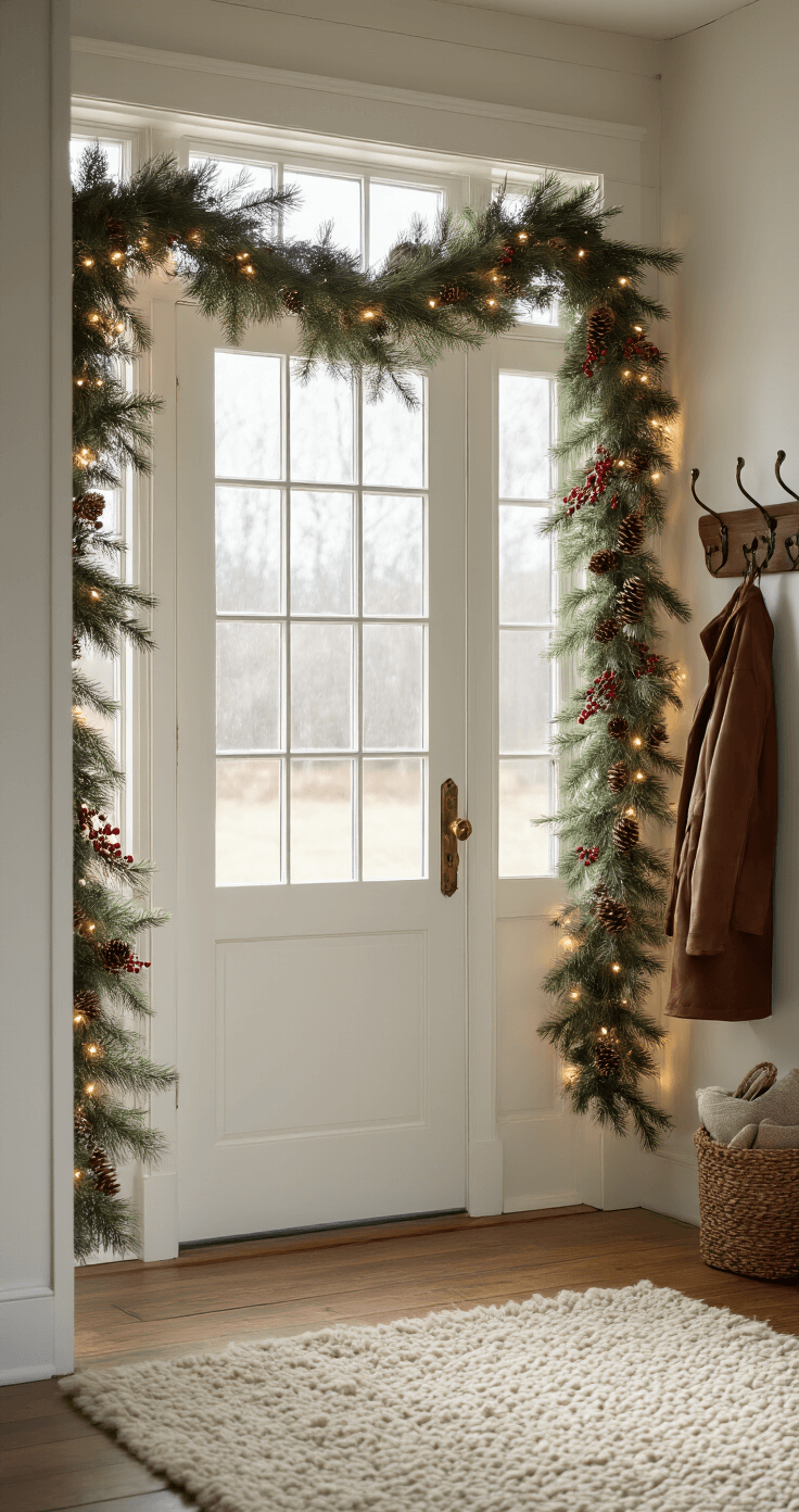 Ultra-realistic entryway of a cozy farmhouse, featuring a white wooden door framed with a pine garland adorned with pine cones, red berries, and warm white fairy lights. Soft winter morning light filters through frosted side windows onto aged hardwood floors. Vintage brass hooks and a weathered leather coat rack are present, with a soft wool rug peeking in the foreground, all in a warm color palette of sage green, cream, and deep burgundy.