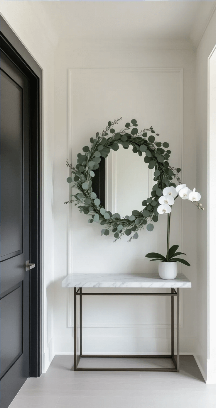 A modern apartment entryway featuring minimalist architecture, a sleek eucalyptus and silver dollar garland hung with clear fishing line, a large round mirror, and a marble console table with a white orchid, all in a cool gray and white palette.