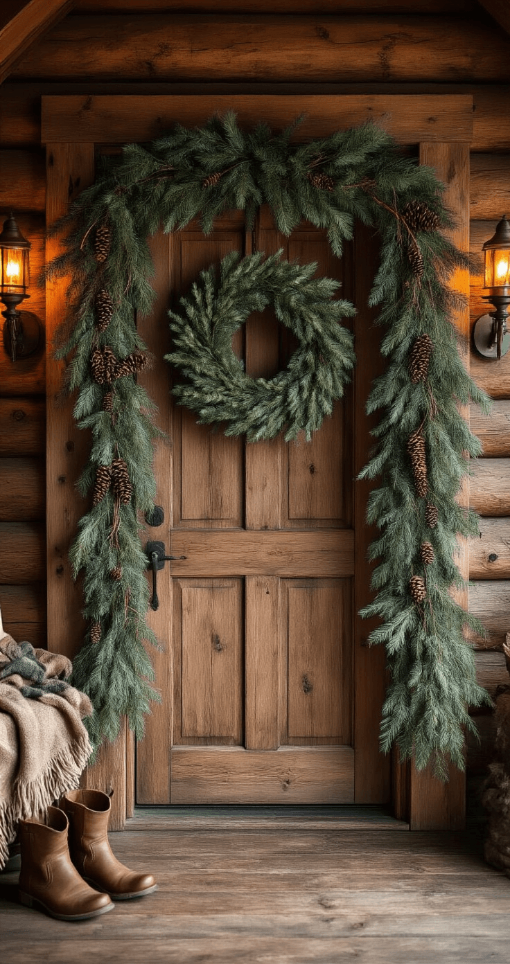 Rustic cabin doorway adorned with a layered evergreen and cedar garland, featuring textures of fresh pine, dried eucalyptus, and pinecones, illuminated by warm amber light from an antique brass lamp, with distressed leather boots and wool throws in the background, set against a rough-hewn wooden floor and a rich earthy color palette.