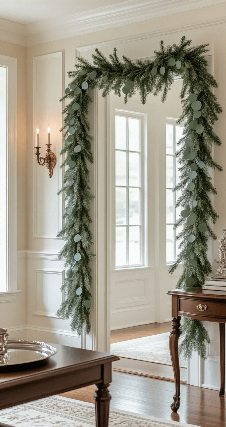 Elegant colonial-style doorway adorned with a meticulously hung garland of noble fir and silver dollar eucalyptus, illuminated by soft natural light from a bay window and accented by an antique brass sconce, featuring a sophisticated color palette of cream, sage green, and burnished gold.