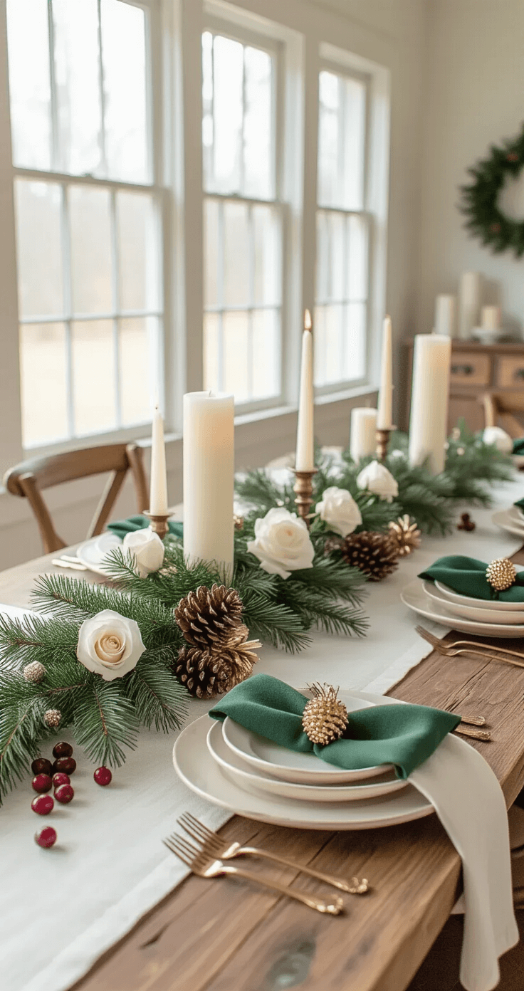 A rustic Christmas dining room with a long wooden farmhouse table set with a low centerpiece of cedar branches, white roses, and gold-sprayed pinecones, illuminated by warm afternoon light streaming through large windows. The table features mismatched cream and ivory ceramic plates layered with emerald green cloth napkins and silver utensils, along with soft white candles and scattered cranberries.