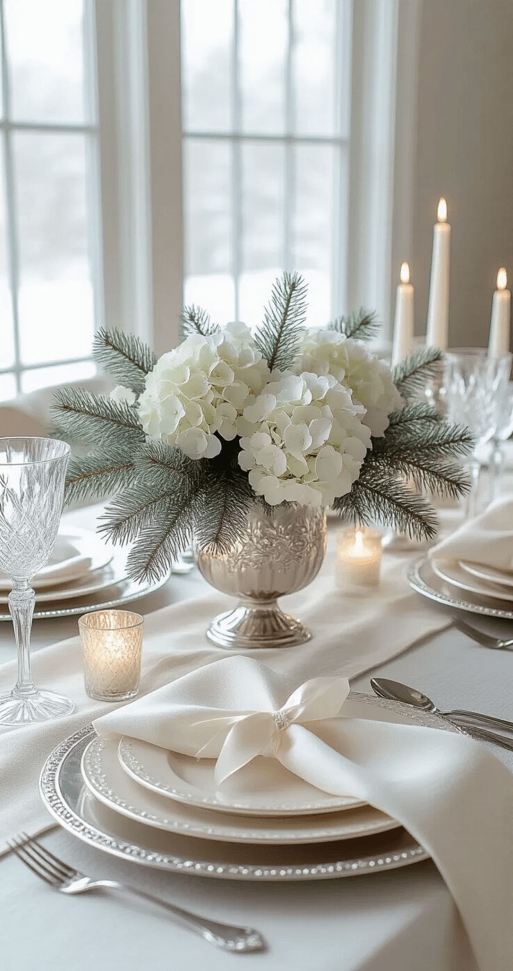 An elegant winter white Christmas table setting featuring silver charger plates, cream bone china, delicate crystal stemware, and a minimal centerpiece of frosted evergreen branches and white hydrangeas in a mercury glass vessel, all softly illuminated by candlelight with snow falling outside.