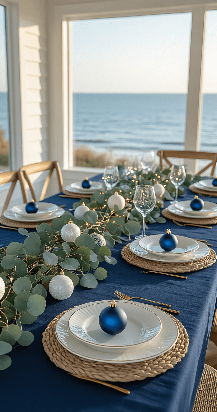 A modern coastal Christmas tablescape featuring a deep navy tablecloth, white ceramic plates with gold rimming, and sea glass accents, illuminated by golden sunlight through large windows showing an ocean view. Decor includes an eucalyptus garland with white and blue ornaments, battery-powered fairy lights, driftwood elements, and natural woven charger plates, styled with a soft blue and white color scheme and metallic gold accents.