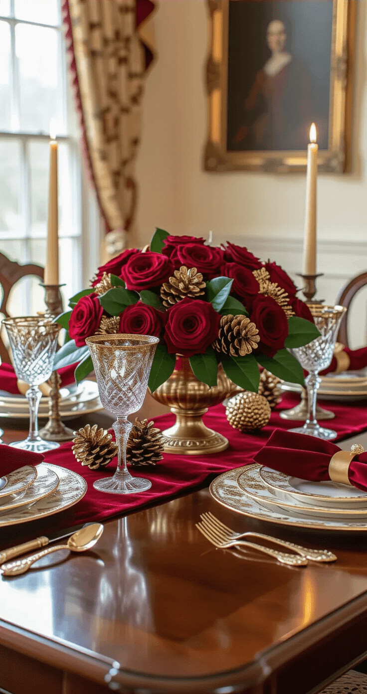 A lavish Christmas dining room featuring a mahogany table set with ornate gold-rimmed china, crystal wine glasses, and intricate silverware, adorned with a low centerpiece of red roses, gold-sprayed pinecones, and deep green magnolia leaves, all under soft candlelight and warm interior lighting, complemented by a burgundy velvet table runner and napkins tied with gold silk ribbon.