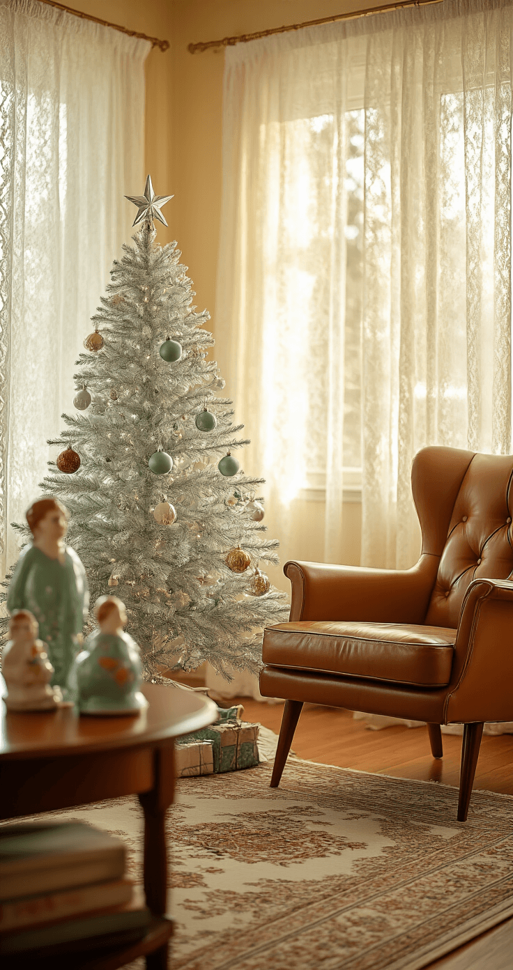 A cozy 1950s vintage Christmas living room with warm golden afternoon light, featuring a mid-century modern leather armchair next to a shiny silver aluminum Christmas tree, decorated with delicate glass ornaments and surrounded by vintage ceramic figurines on a wooden side table, all set on polished hardwood floors with a Persian-style area rug, captured in high-resolution photorealism.