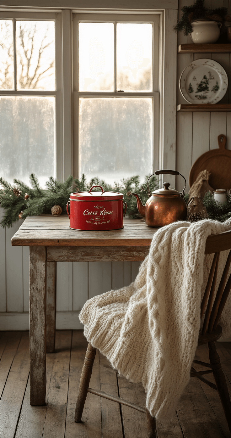 A rustic farmhouse kitchen bathed in soft winter morning light, featuring weathered wooden countertops, a vintage red truck Christmas cookie tin, a hand-knitted cream cable-knit throw on a wooden chair, an antique copper kettle, and a pine garland with burlap ribbon, all set against aged ceramic plates with holiday motifs on a distressed wooden floor.