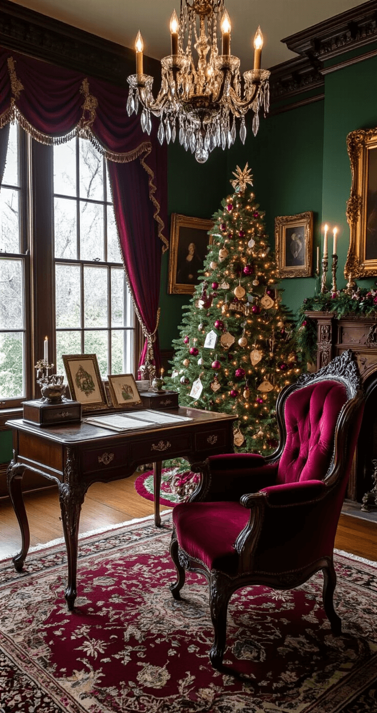 A Victorian-era parlor adorned for Christmas, featuring a deep emerald and burgundy color scheme, crystal chandelier casting soft light, intricately decorated pine tree, vintage Christmas cards on an antique mahogany desk, rich velvet armchair, and a Persian carpet, all captured from a low angle showcasing architectural details and holiday elegance.