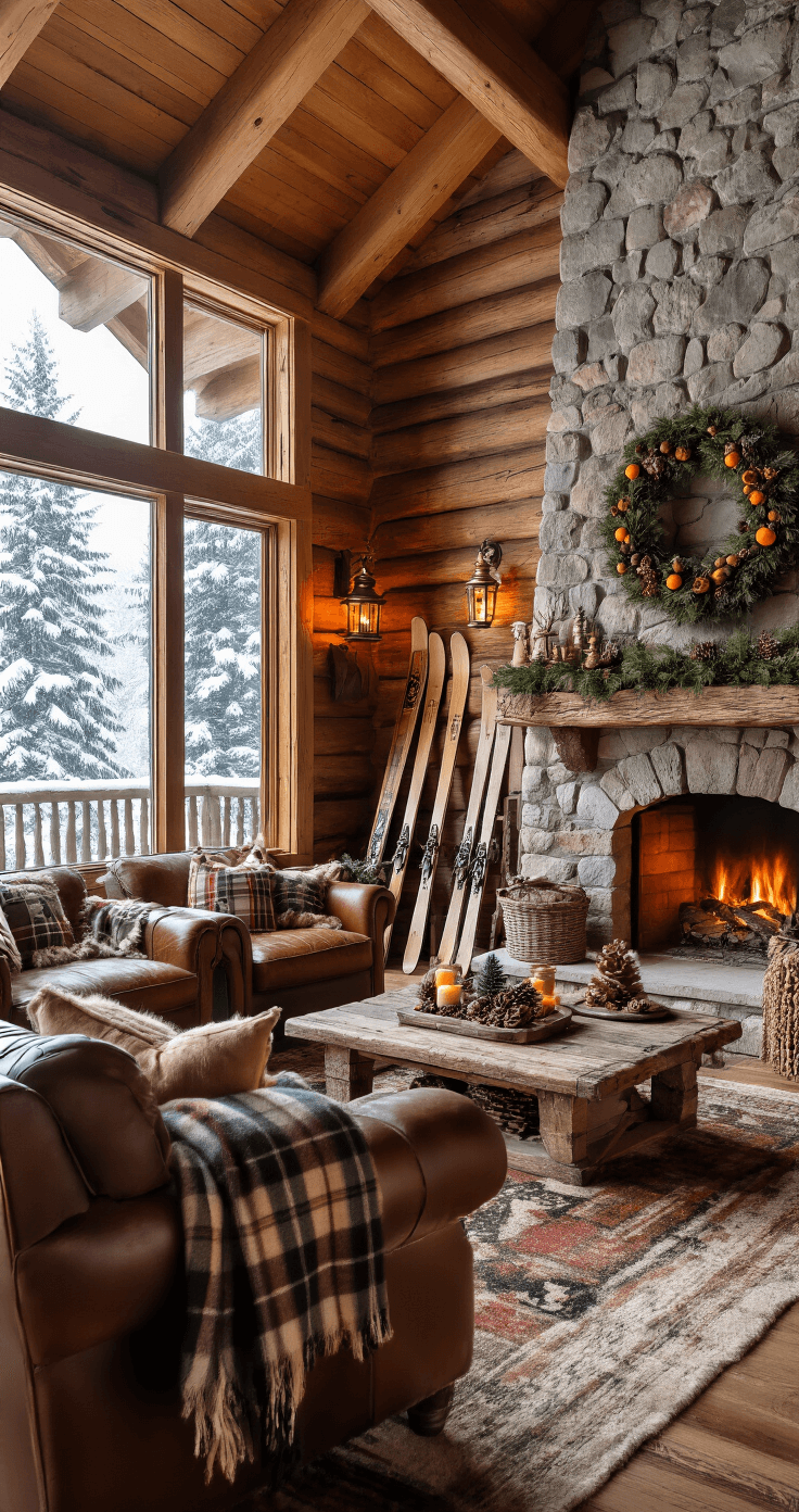 Cozy mountain cabin living room adorned with vintage Christmas decor, featuring a stone fireplace, woolen plaid blankets, antique wooden skis, and handcrafted wreaths. Soft amber lighting casts a warm glow, highlighting weathered leather armchairs and a view of a snow-covered pine forest through a large picture window.