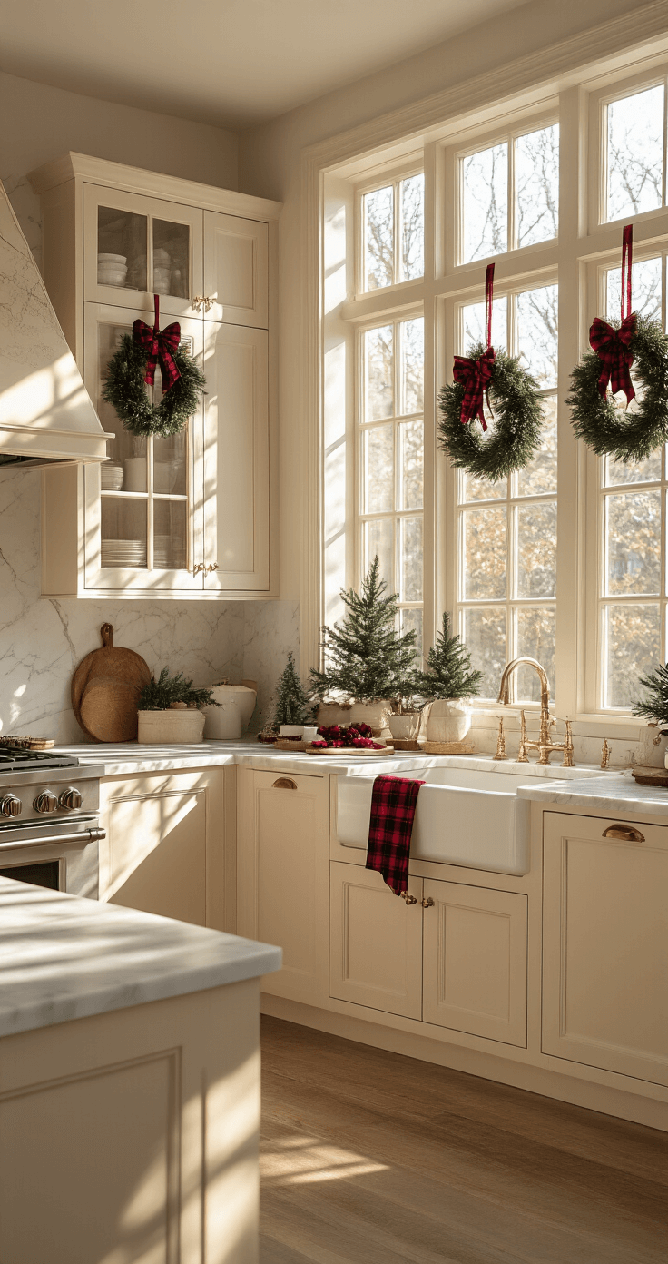 A cozy holiday kitchen featuring cream-colored cabinets adorned with plaid burgundy ribbons and mini pine wreaths, bathed in warm morning sunlight with soft shadows on marble countertops, showcasing hygge-inspired decor and inviting wood tones.