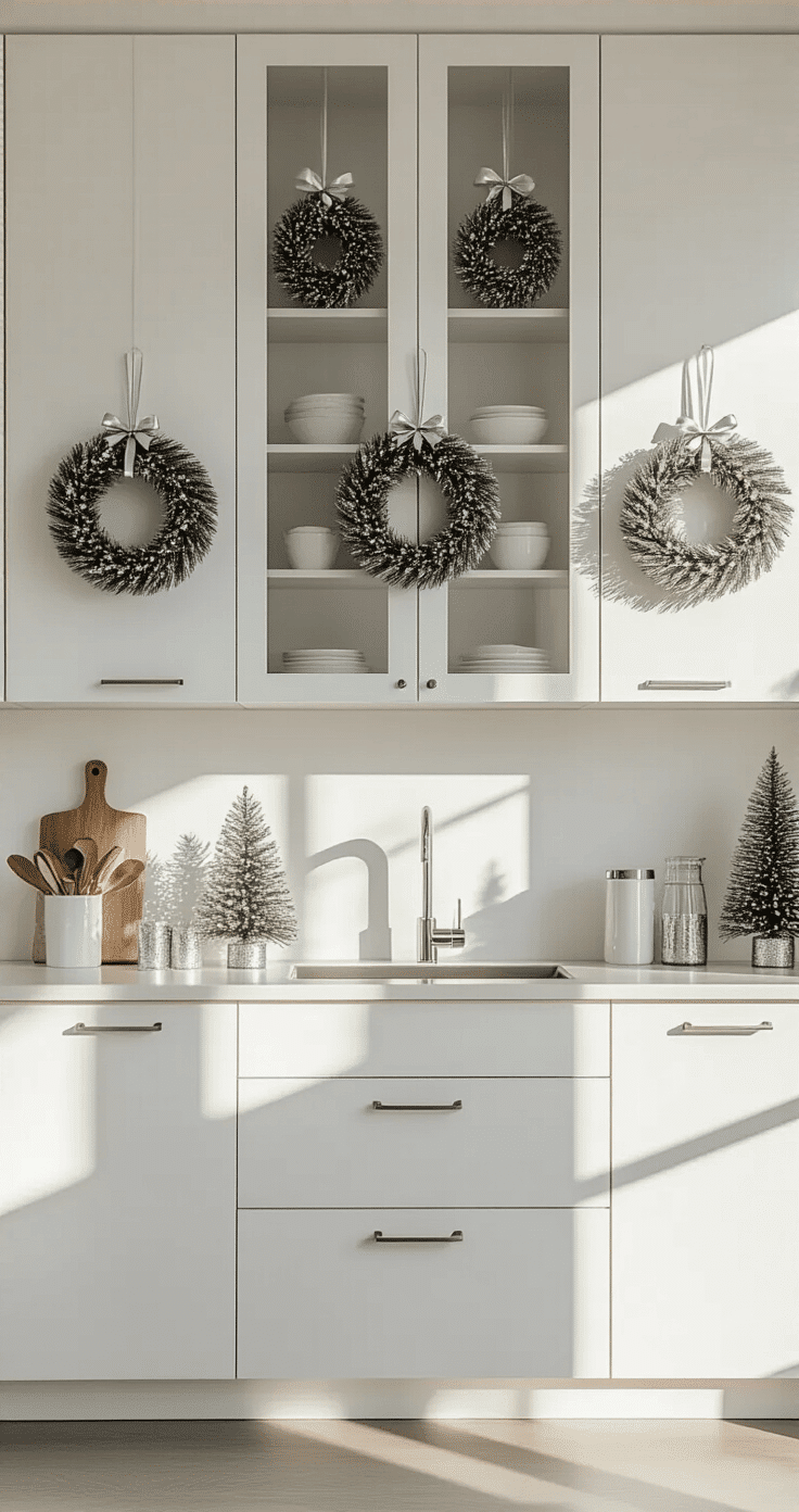 Modern minimalist kitchen featuring sleek white cabinets adorned with silver and white Christmas decorations, including symmetrically hung 5-inch mini wreaths with metallic accents. Glass cabinet fronts reflect subtle holiday elements, all basking in crisp winter afternoon light that casts clean shadows, captured from a professional architectural photography angle emphasizing geometric precision and understated elegance.