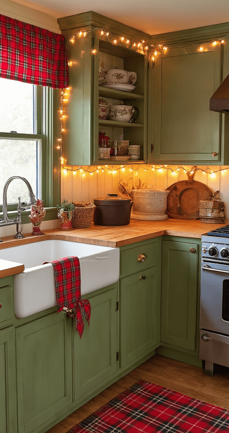 A cozy cottage-style kitchen featuring red plaid ribbon-wrapped cabinets and pine green accents, adorned with vintage cast iron elements and soft battery-operated fairy lights. The warm amber evening lighting creates an inviting atmosphere, highlighting nostalgic styling with layered textures and handcrafted ornamental details, captured from a slightly overhead angle.