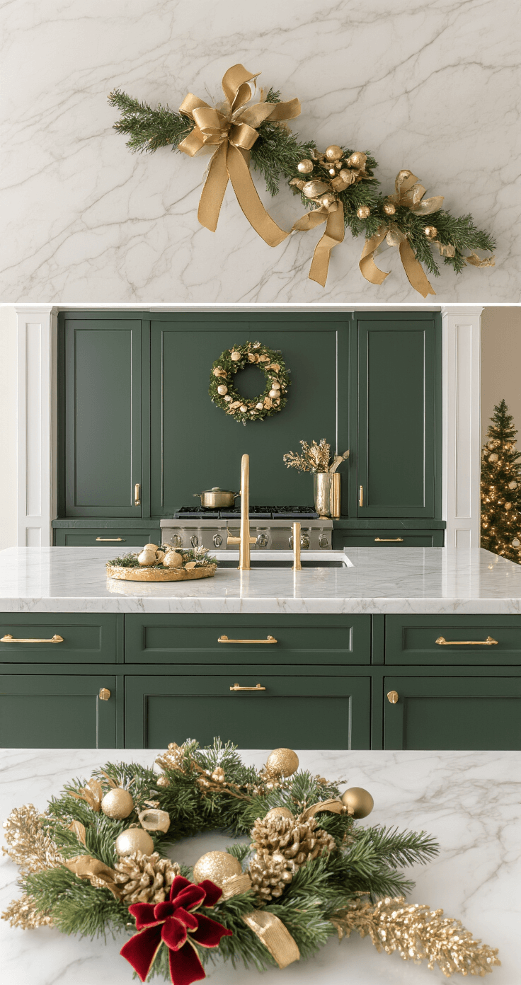 Sophisticated contemporary kitchen featuring deep forest green cabinets with gold metallic ribbon detailing, elegant mini wreaths with velvet bows, and marble countertops reflecting soft lighting, showcasing strategic holiday decor for visual harmony in a professionally composed interior design photograph.