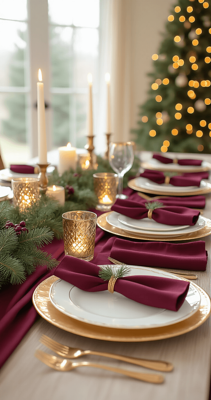 A luxurious Christmas dining room featuring a long rectangular table with a deep burgundy tablecloth, golden charger plates, white porcelain dinnerware with gold rimming, and candlelight from mercury glass votives. Fresh evergreen sprigs are tucked into burgundy linen napkins, all captured in warm tungsten lighting during golden hour, emphasizing depth and texture.