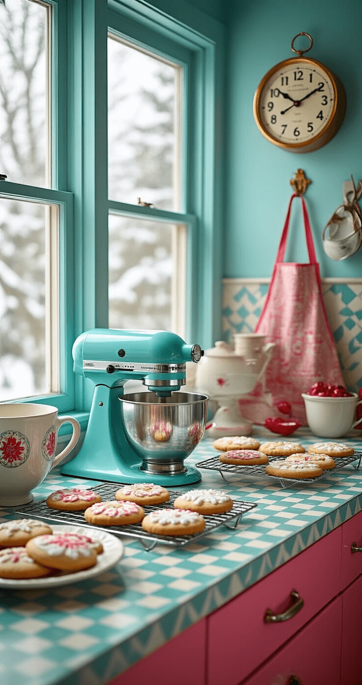 A photorealistic 1960s kitchen with a bold turquoise and hot pink color palette, featuring a vintage Christmas cookie baking setup, Formica countertops, a retro stand mixer, decorated sugar cookies on mid-century cooling racks, an atomic-age wall clock, and a vintage apron hanging on a hook, all illuminated by soft winter light from large windows.