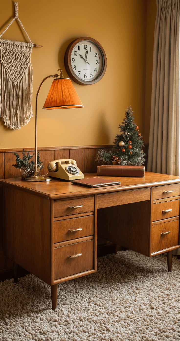 A cozy 1970s home office with harvest gold walls, a vintage wood panel desk, shag carpet, and carefully arranged Christmas decor, featuring a retro desk lamp with a burnt orange shade, a rotary telephone, and a leather-bound planner, all illuminated by warm afternoon light filtering through textured curtains.