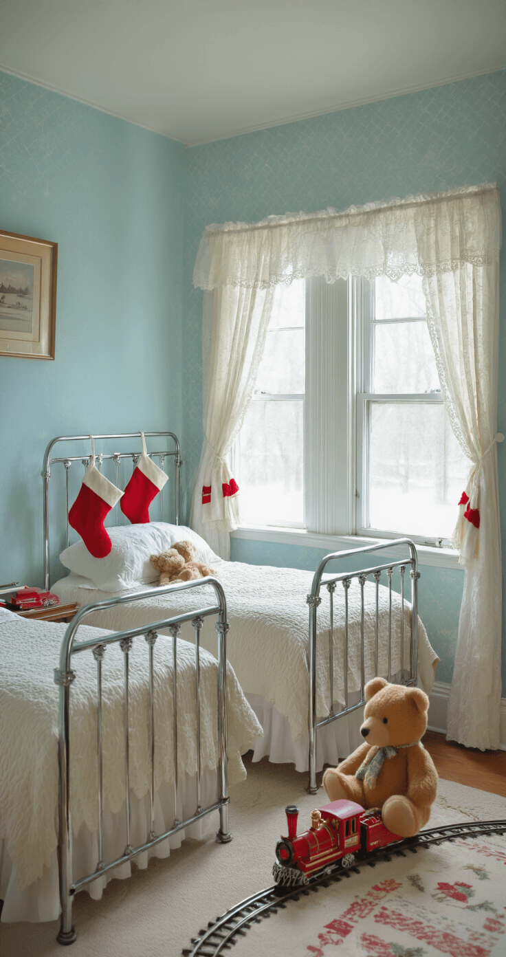 A nostalgic 1950s children's bedroom decorated for Christmas, featuring pastel blue walls, vintage metal twin beds with chrome headboards, handmade Christmas stockings, a vintage train set by the window, and a classic teddy bear against delicate lace curtains, all bathed in soft winter light and surrounded by authentic period wallpaper.