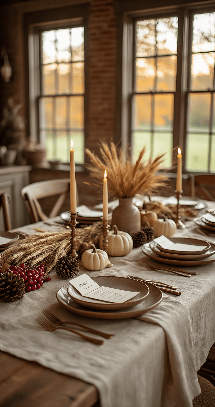 A warmly lit Thanksgiving dining room with a rustic farmhouse table set for dinner, featuring layered stoneware plates, elegant place settings with handwritten name cards in mini pumpkins, brass candlesticks, and a low centerpiece of pomegranates, pinecones, and wheat, all bathed in soft amber light during golden hour.