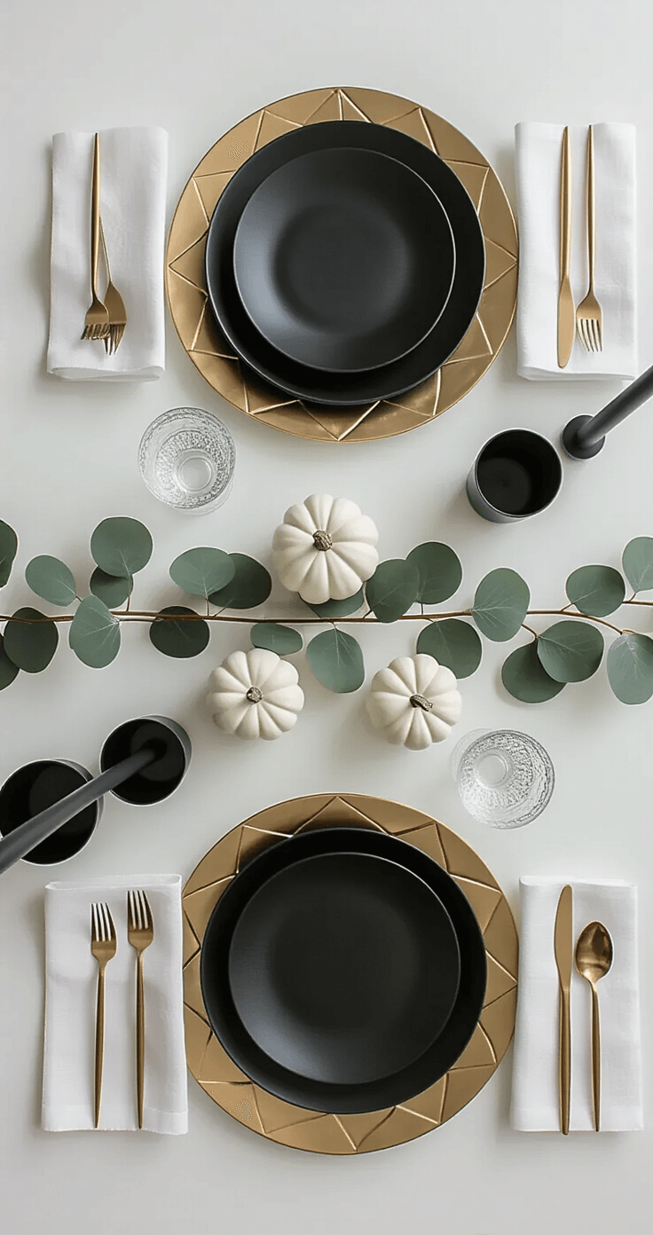 Elegant minimalist Thanksgiving table setup in a white interior featuring matte black ceramic plates on gold geometric chargers, architectural linen napkins, and a long eucalyptus branch centerpiece with white ceramic pumpkins, complemented by varying heights of black candle holders, all undernatural light that highlights the geometric precision and negative space.