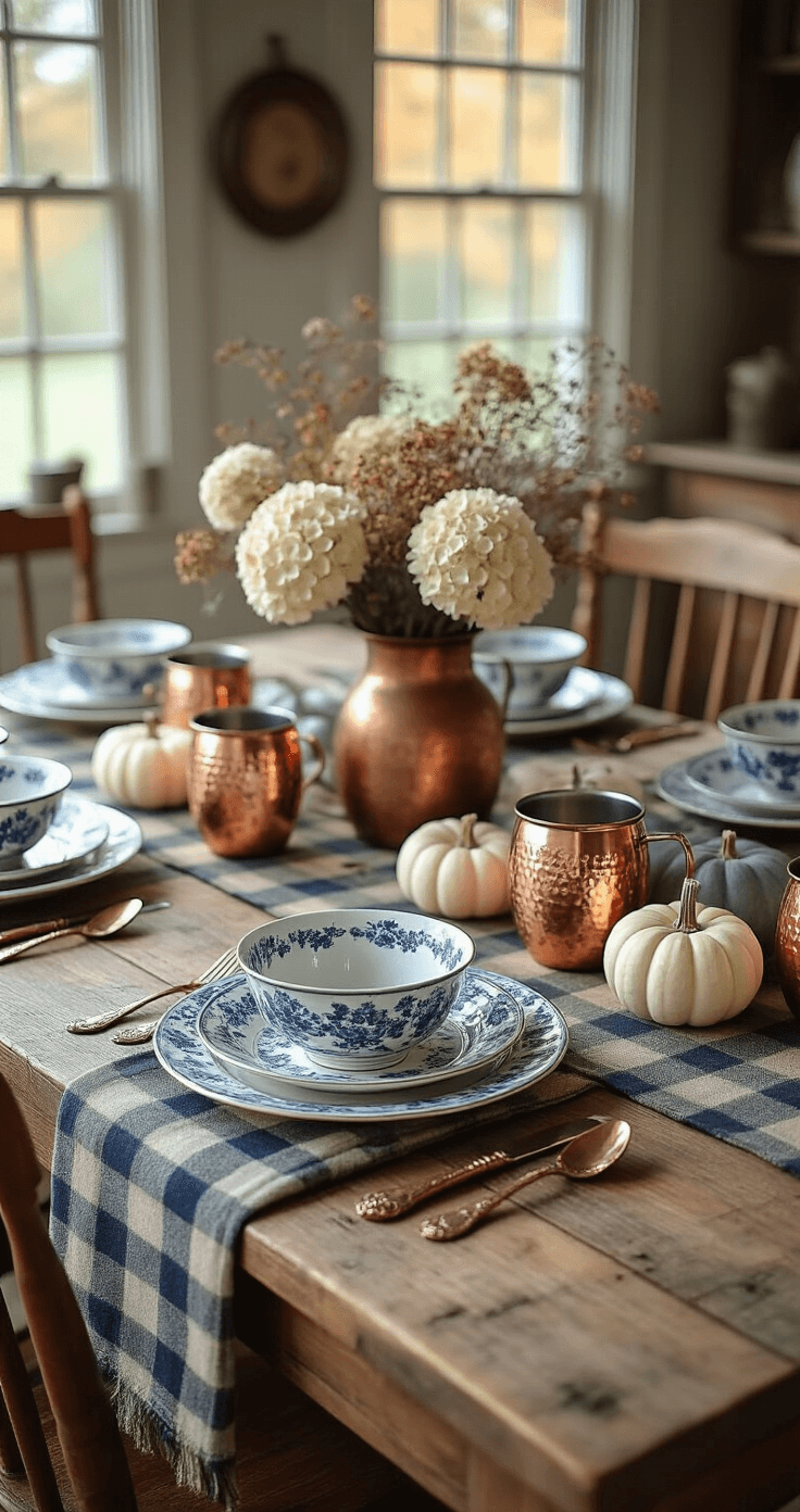 Cozy Thanksgiving table featuring a plaid wool runner on a reclaimed wooden surface, antique blue and white china, copper Moscow mule mugs as candle holders, vintage silver cutlery, a centerpiece of dried hydrangeas in a copper vessel, and scattered white and blue-gray pumpkins, all bathed in soft, warm light with a bokeh background.