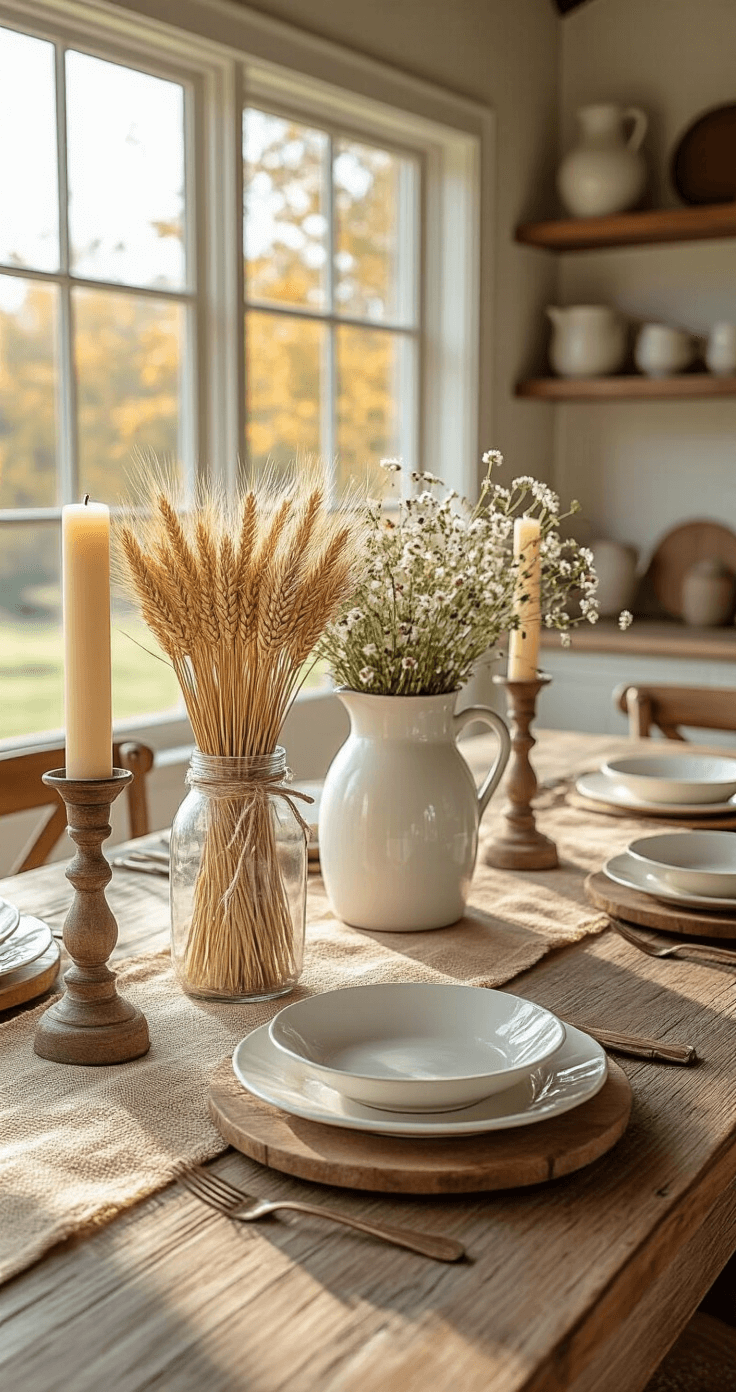 Rustic farmhouse Thanksgiving table set in a sunlit kitchen, featuring a rough-hewn wooden table with a burlap runner, white ironstone plates on wooden chargers, mason jars with wheat and flowers, hand-written name cards tied with twine, and vintage enamelware pitchers. Soft natural light casts warm shadows, highlighting a cozy ambiance with a warm color palette of cream, rust, and sage green.