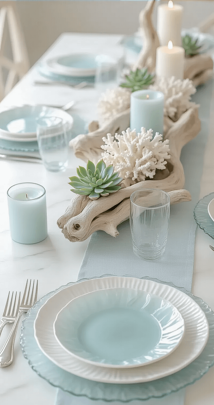 Modern coastal-inspired Thanksgiving table featuring a white marble surface, pale blue linen runner, translucent sea glass charger plates, delicate white porcelain dinnerware, and silverware with wave-like patterns. The centerpiece includes bleached driftwood, white coral fragments, and small succulents in clear glass vessels, accompanied by pale blue and white candles in minimal glass hurricanes, all illuminated by soft, diffused natural light.