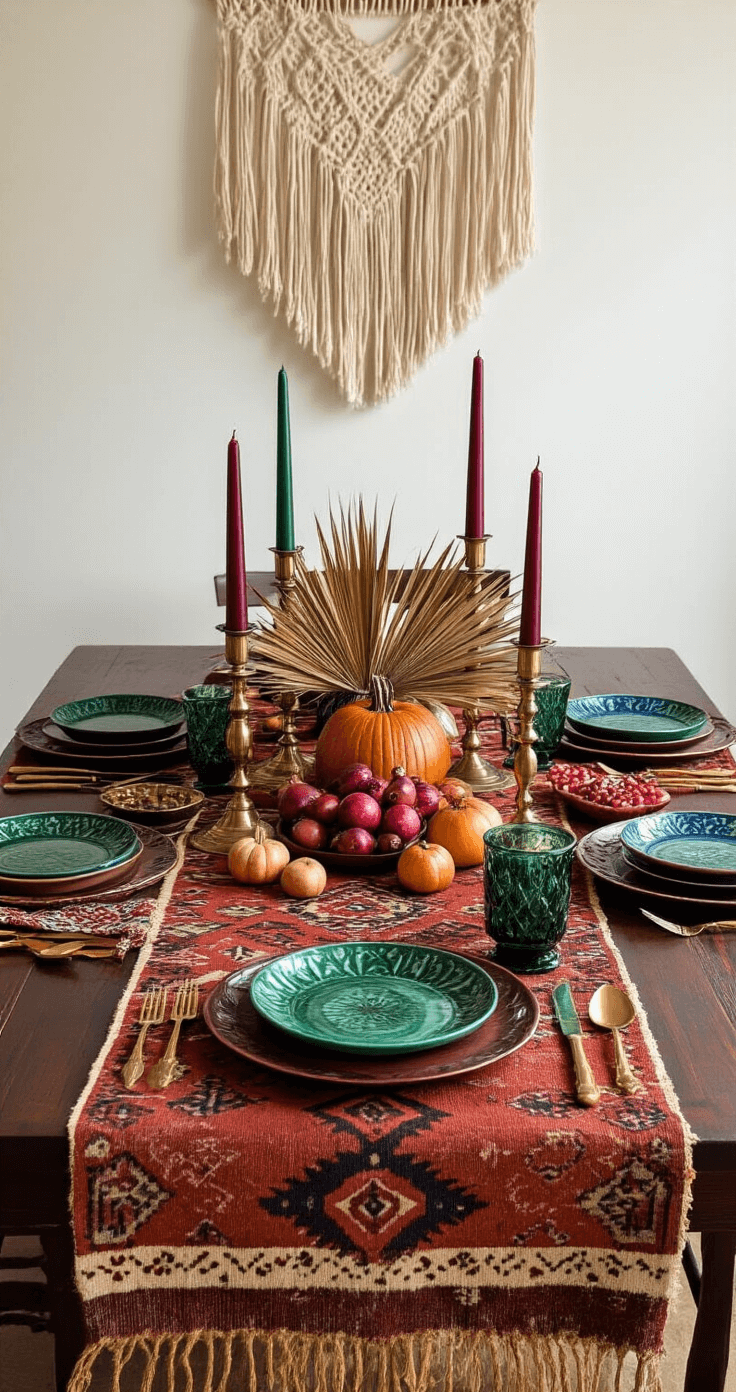 Bohemian-inspired Thanksgiving table featuring a vintage Moroccan kilim runner, jewel-toned ceramic plates, brass candlesticks with burgundy and emerald candles, scattered dried palm leaves and pomegranates, hand-blocked printed napkins in burnt orange and indigo, and intricate copper cutlery, all enhanced by warm lighting and a macramé wall hanging in the background.