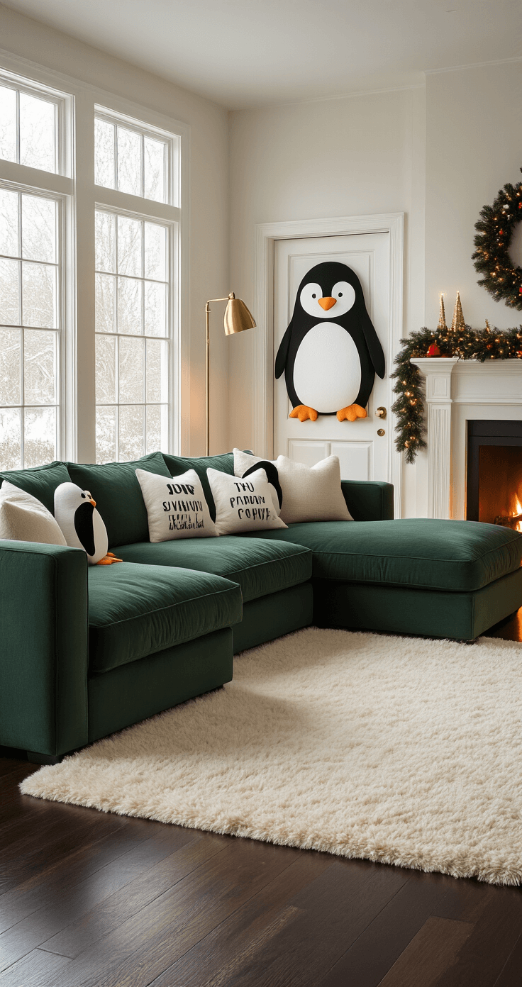 A photorealistic cozy Christmas living room featuring a whimsical door adorned with penguin characters, large windows allowing soft warm light, dark hardwood floors, and a plush cream area rug. An oversized forest green sectional sofa is decorated with festive throw pillows featuring penguin puns, while a minimalist white fireplace showcases a modern Christmas garland. The scene is illuminated by a brass floor lamp, creating a playful, warm atmosphere, captured from a slightly elevated angle in 8k resolution.