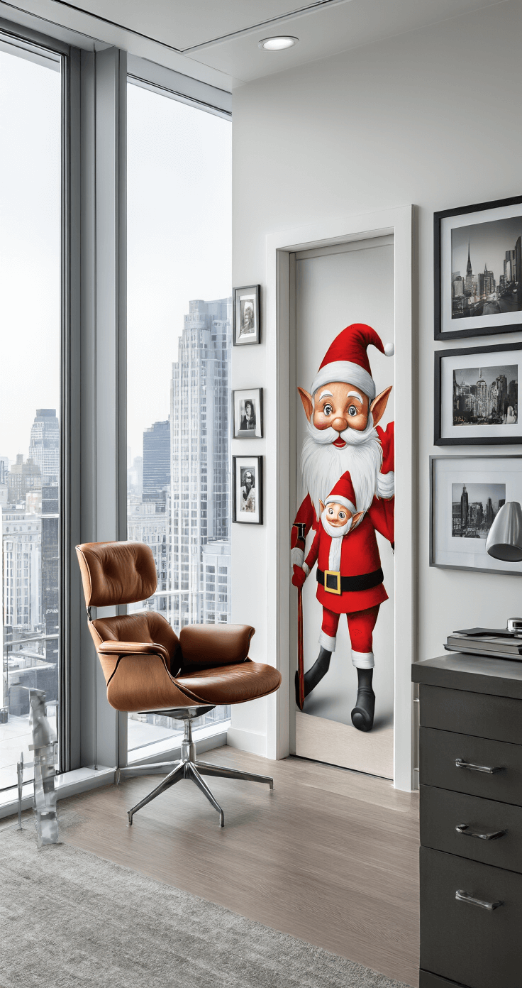 Cinematic office interior featuring a holiday door adorned with creatively manipulated elf images, set against a sleek gray industrial desk, white walls, and a winter cityscape through floor-to-ceiling windows, highlighted by soft natural daylight and overhead lighting, blending professional elements with playful decorations.