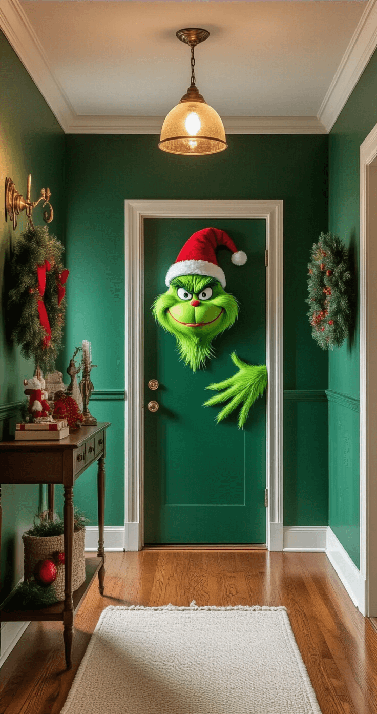 A warmly lit home hallway with rich emerald green walls showcases a whimsical Grinch-themed door decoration, vintage hardwood floors, and an antique brass coat rack. The mid-century modern console table displays festive elements beneath soft ambient lighting from a vintage pendant lamp, while a textured cream area runner complements the scene. A detailed Grinch hand reaches around the door frame, alongside a classic holiday wreath, creating a nostalgic yet contemporary atmosphere captured in a professional interior photography style with soft depth of field.