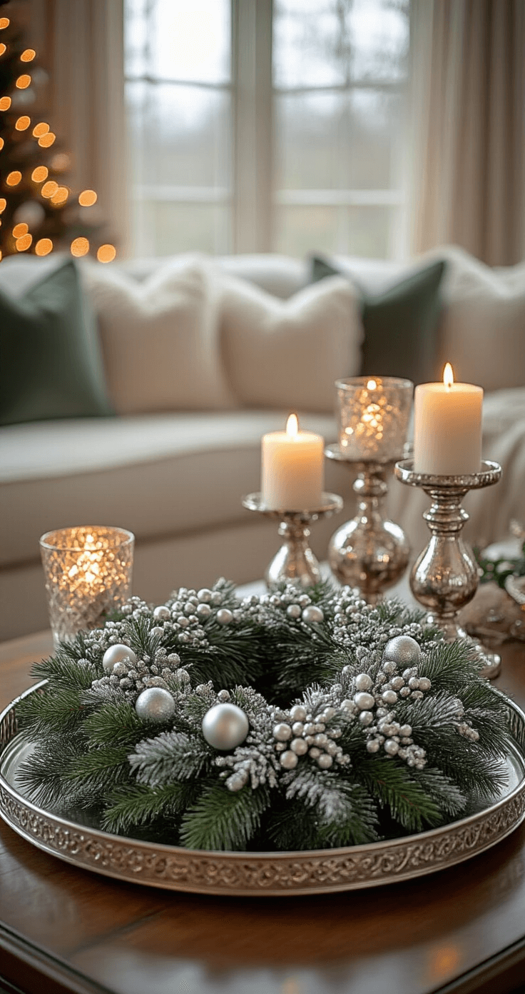 A luxurious living room coffee table beautifully decorated for Christmas, featuring a pre-lit flocked wreath in a round metallic tray as the centerpiece, surrounded by asymmetrical mercury glass candlesticks and intricate textures of pine needles and glass ornaments, all bathed in warm, soft lighting with a color palette of ivory, silver, and sage green.