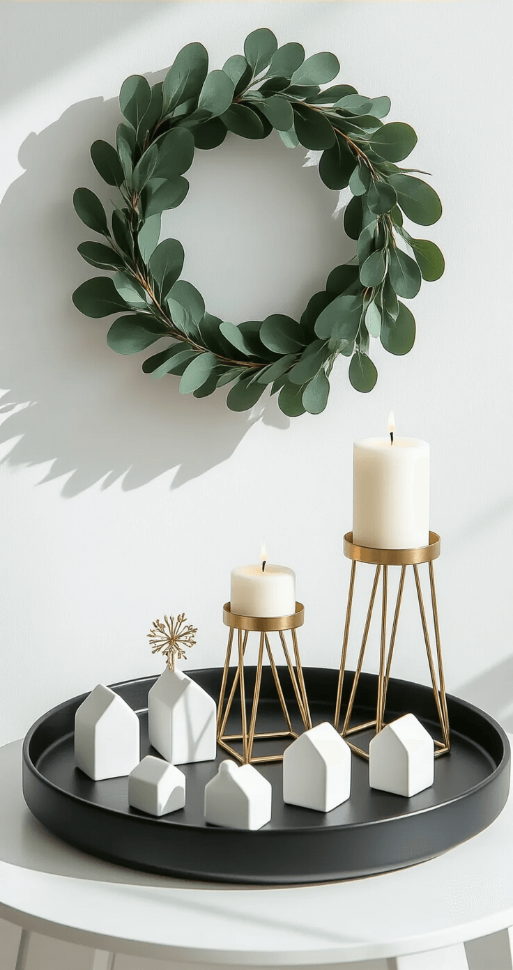 Modern minimalist holiday coffee table arrangement with a black ceramic tray, green eucalyptus wreath, geometric brass candleholders, white porcelain house figurines, and gold ornamental picks against a stark white wall, featuring dramatic side lighting and a Scandinavian design aesthetic.