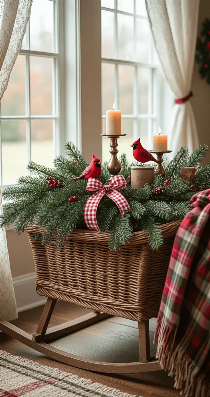A cozy cottage-style Christmas coffee table scene featuring a vintage wicker sleigh adorned with layered greenery and red and white checkered ribbon, small cardinal figurines, antique brass candle holders with flickering flames, and a soft plaid throw draped over a weathered wooden floor, all illuminated by warm afternoon light streaming through lace curtains.