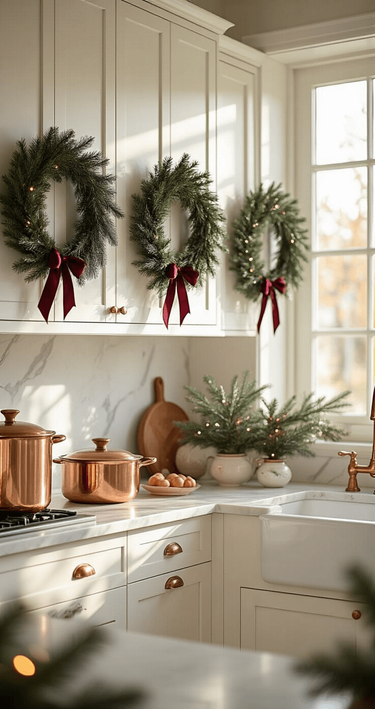 Cinematic kitchen interior with white cabinets decorated with mini evergreen wreaths tied with burgundy ribbons, golden sunlight streaming through frosted windows, highlighting marble countertops and copper cookware.