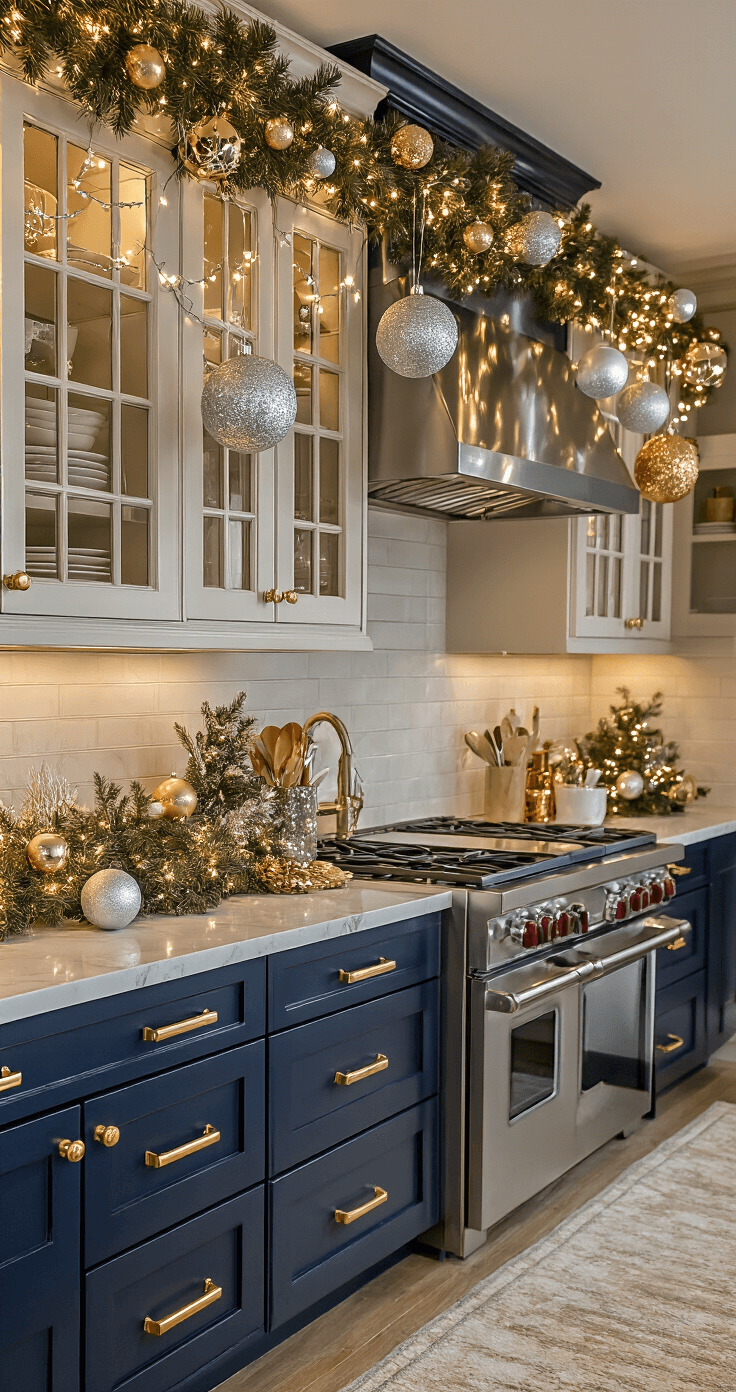 A beautifully designed professional culinary kitchen featuring navy blue lower cabinets with brushed gold hardware, adorned with warm white garland along upper cabinet edges and shatterproof silver and copper ornaments hanging from cabinet handles, with a stainless steel range in the background and soft diffused lighting enhancing the elegant holiday ambiance, captured from a slightly elevated angle.
