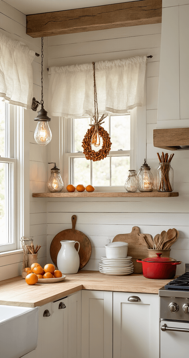 A rustic farmhouse kitchen featuring white shaker cabinets, natural wood floating shelves adorned with cinnamon stick bundles and dried orange slice garlands, vintage glass lanterns casting a warm glow, a red and cream color palette with subtle metallic accents, and carefully arranged cast iron cookware and white ceramic dishes, illuminated by soft morning light filtering through linen curtains.