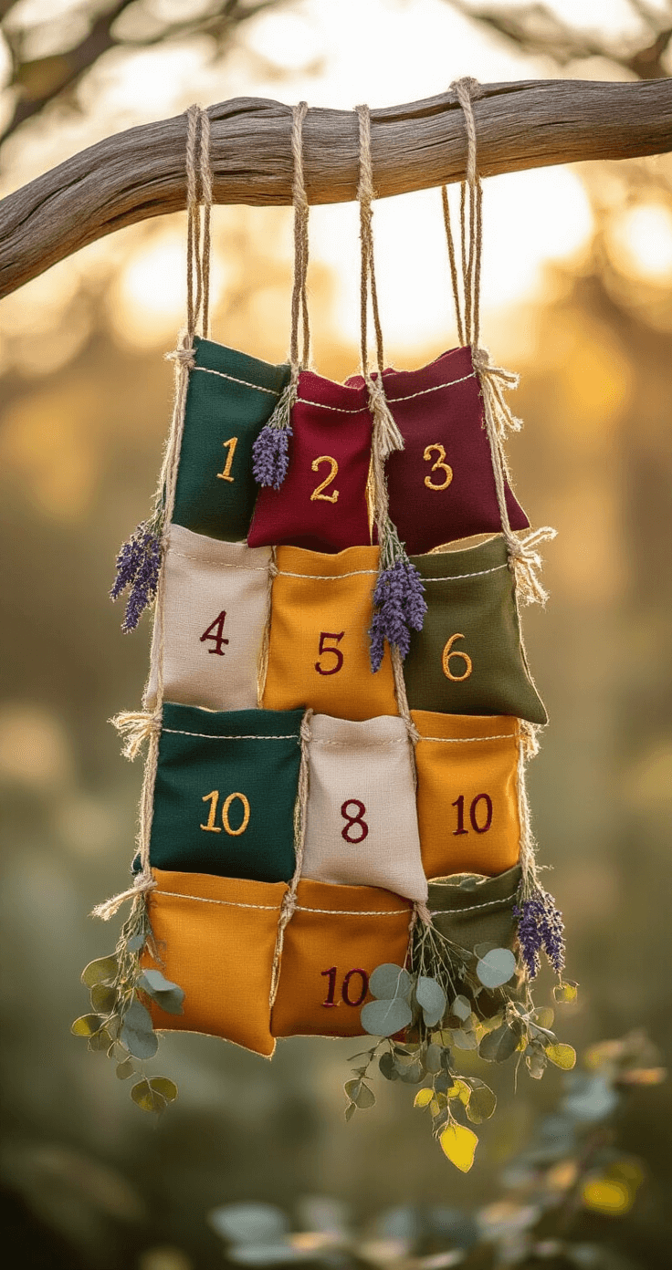 A bohemian advent calendar featuring 25 mismatched jewel-toned fabric pouches, hand-embroidered numbers, suspended from a driftwood branch with macramé details, adorned with dried lavender and eucalyptus, illuminated by warm late afternoon sunlight, captured from below for a dreamy effect.