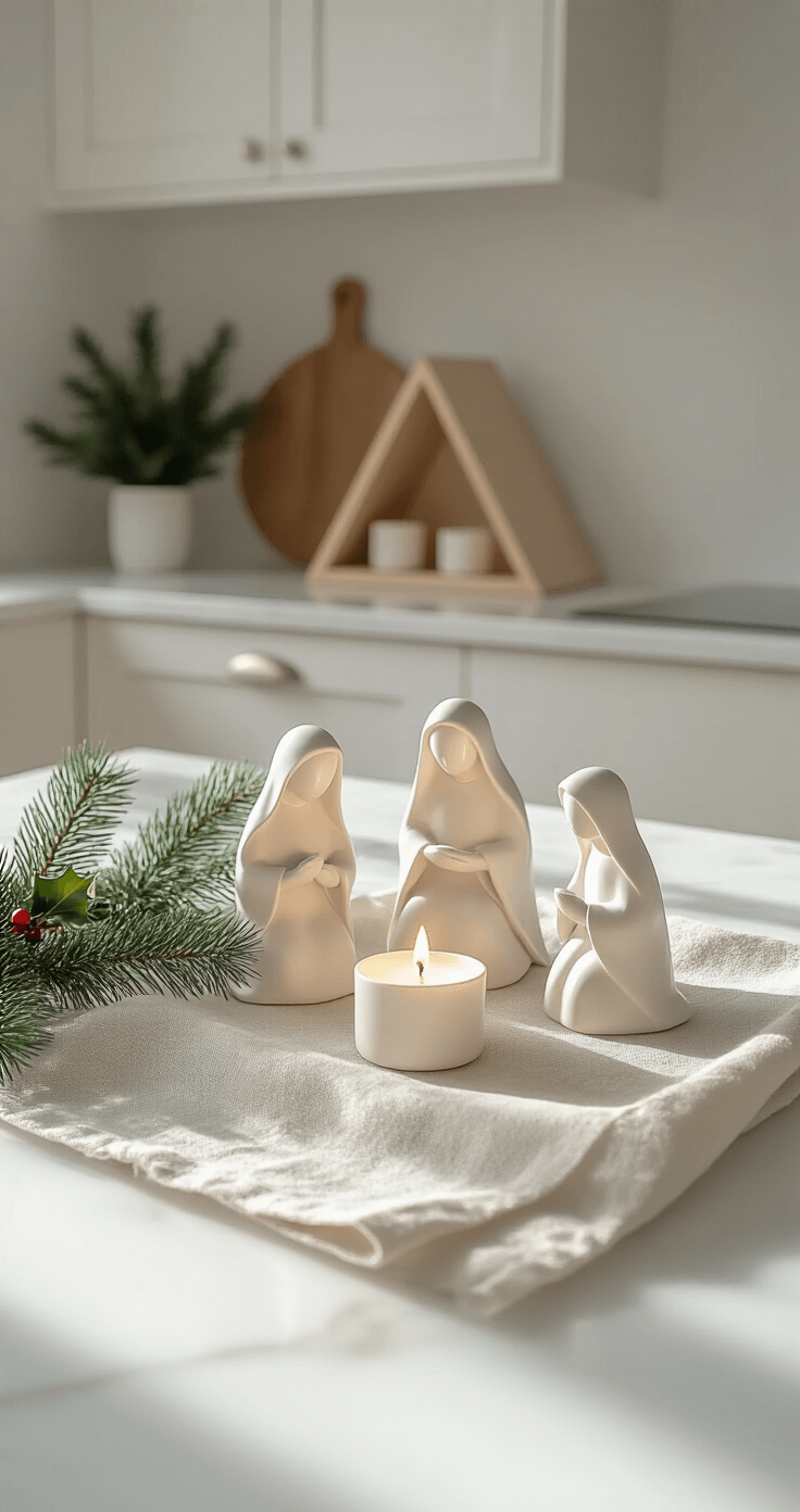 Nativity Display Ideas That'll Make Your Home Feel Like Bethlehem (Without the Camel Smell) Minimalist Scandinavian-style nativity display featuring three porcelain figures on a linen cloth atop a white marble kitchen island, with a geometric wooden stable, subtle greenery, and soft morning light illuminating the scene.