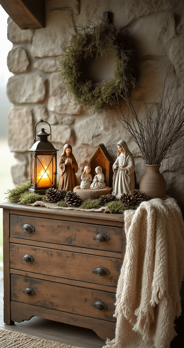 Nativity Display Ideas That'll Make Your Home Feel Like Bethlehem (Without the Camel Smell) Rustic farmhouse entryway featuring a nativity scene on a vintage wooden dresser, with handmade ceramic figures on a burlap and moss base, surrounded by pine cones and dried branches, illuminated by an antique brass lantern, against a textured stone backdrop in warm amber and deep forest green tones.