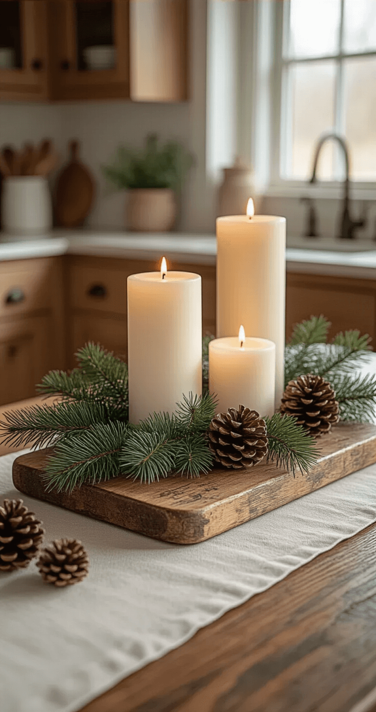 Minimalist Christmas Kitchen Island Centerpieces That Won't Overwhelm Your Space A rustic kitchen island centerpiece with a distressed wooden cutting board, fresh pine branches, three white pillar candles, and scattered pinecones, illuminated by soft winter light.