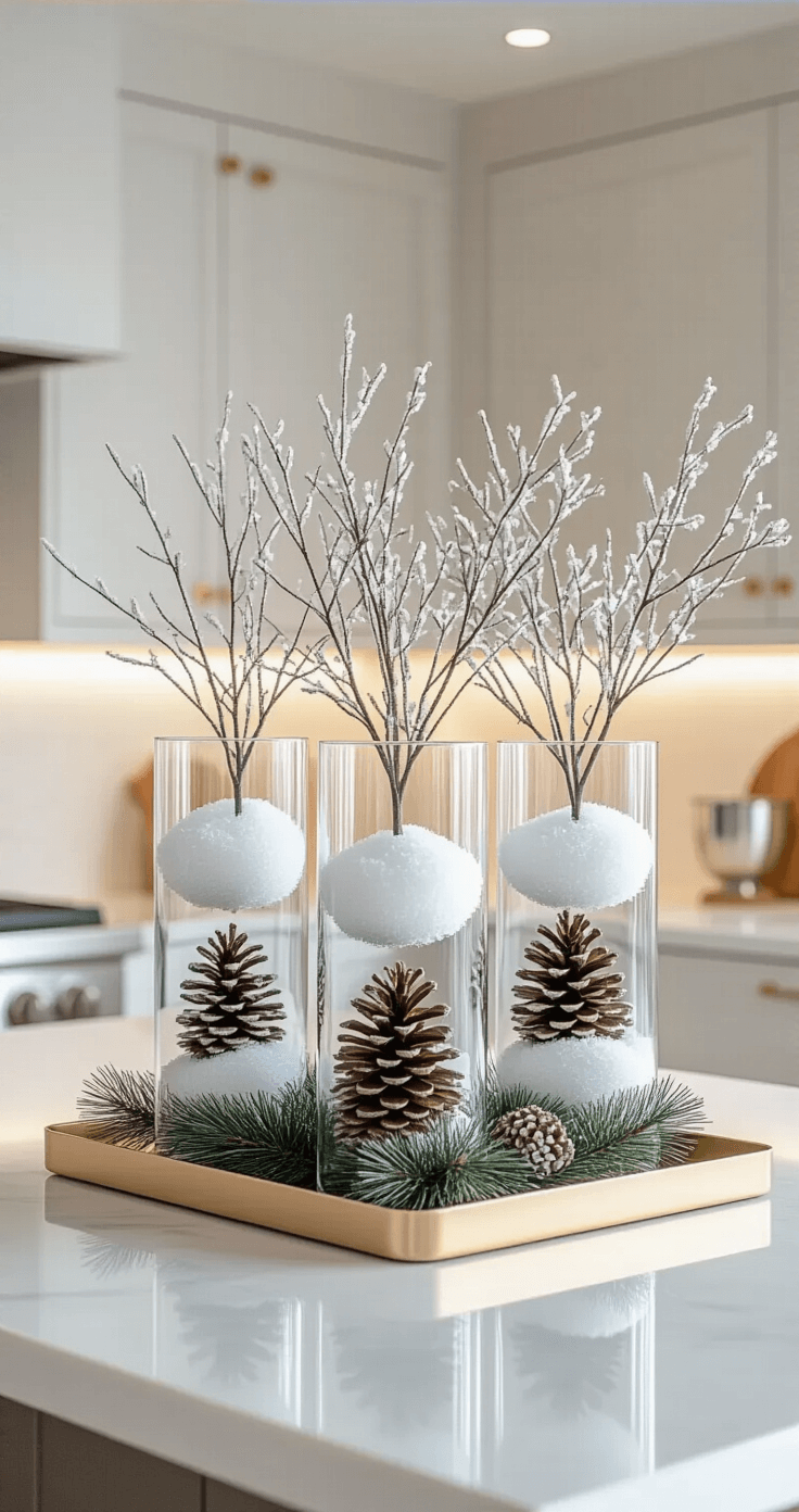 Minimalist Christmas Kitchen Island Centerpieces That Won't Overwhelm Your Space An elegant kitchen island featuring three clear glass cylinder vases filled with pine needles, pinecones, faux snow, and delicate white branches, arranged on a gold metallic tray. The scene is softly lit, highlighting the shimmering textures against white marble countertops in a minimalist kitchen design.