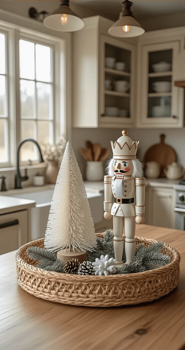 Minimalist Christmas Kitchen Island Centerpieces That Won't Overwhelm Your Space A bohemian-neutral Christmas kitchen island centerpiece featuring a vintage-style white nutcracker and a small flocked white tree, arranged on a round rattan tray, with soft natural light illuminating the scene and highlighting the textures of rattan, flocked material, and smooth porcelain against a backdrop of natural wood and white cabinets.