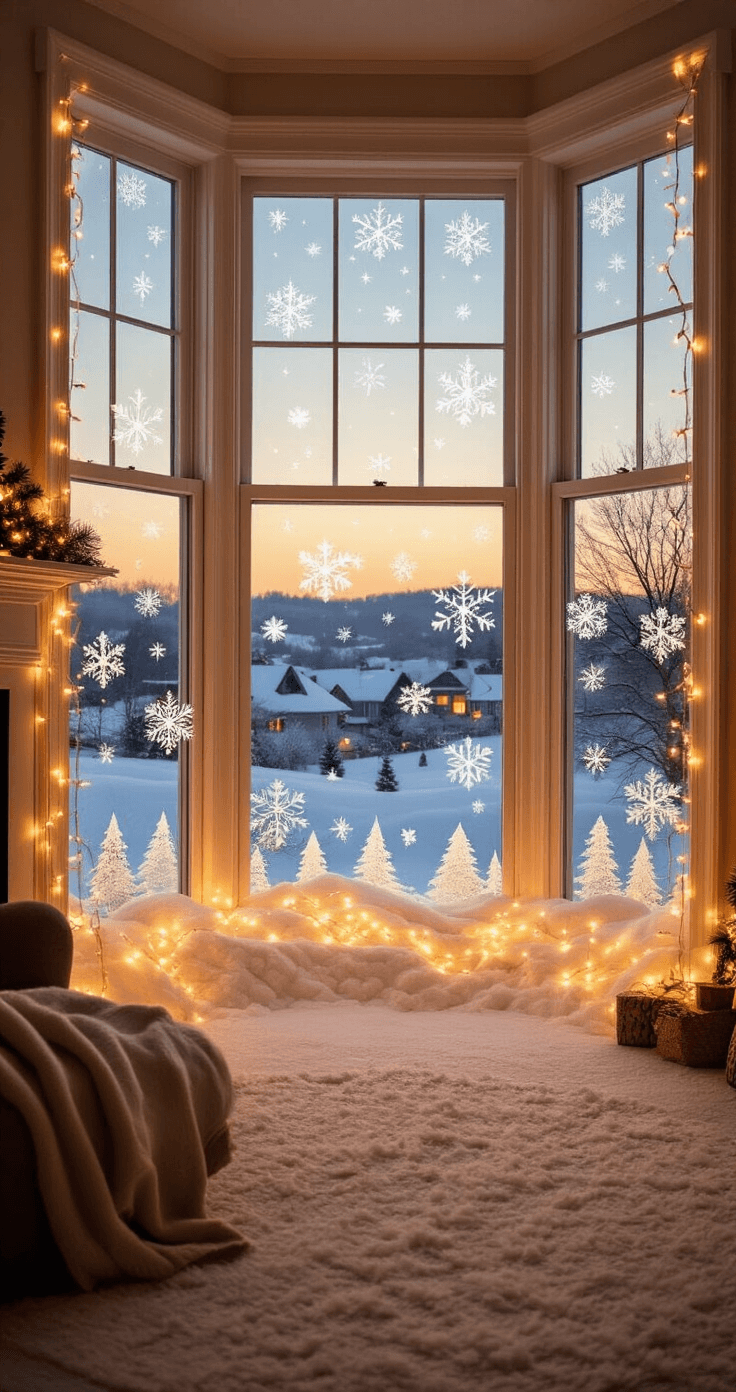 Christmas Window Painting Ideas That'll Make Your Neighbors Stop and Stare A cozy living room with bay windows overlooking a snowy neighborhood at dusk, warmly lit by a fireplace and fairy lights. Crystalline snowflakes adorn the windows, enhancing the enchanting atmosphere, while painted hills and tiny trees create a serene winter landscape.