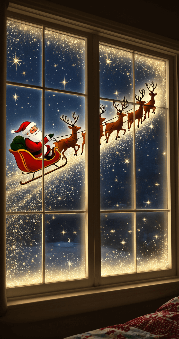 Christmas Window Painting Ideas That'll Make Your Neighbors Stop and Stare A child's bedroom with windows illuminated by the silhouette of Santa's sleigh and eight tiny reindeer in motion. Santa's determined profile is visible as he guides the sleigh, with glittering stardust trailing behind, evoking a magical nighttime flight.